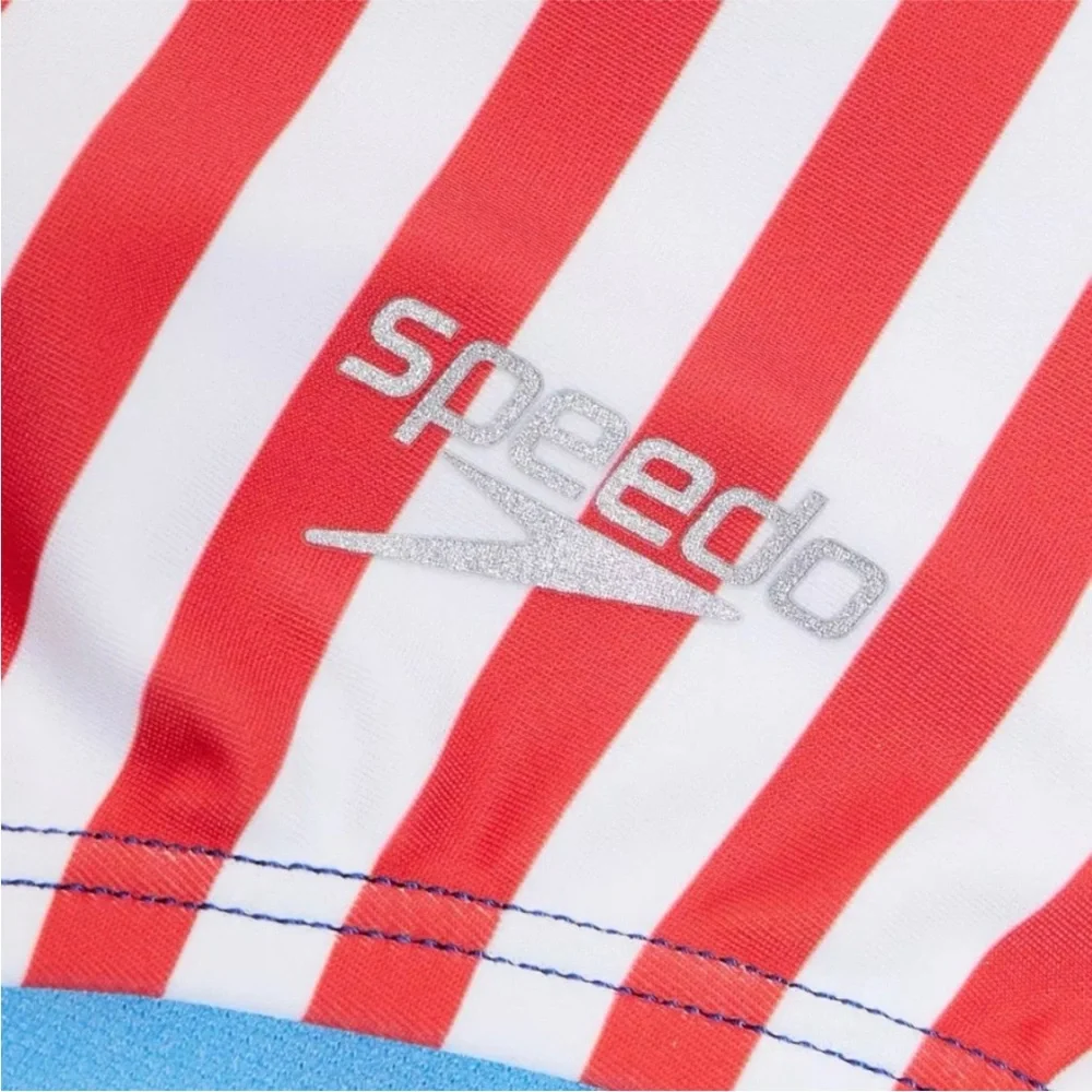 Speedo Girl’s Swimsuit One Piece Blue and Red Stripes Size 16 NWT UPF 50+